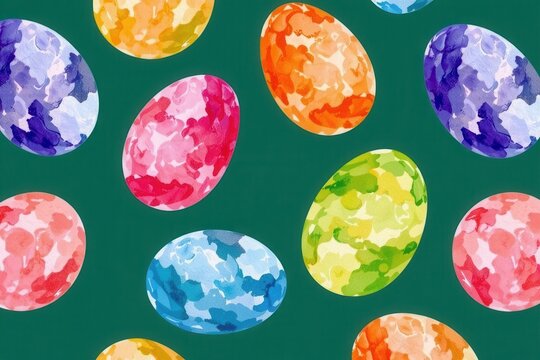 A surface pattern design of overlapping watercolor dyed eggs in vibrant spring colors on a dark emerald background.