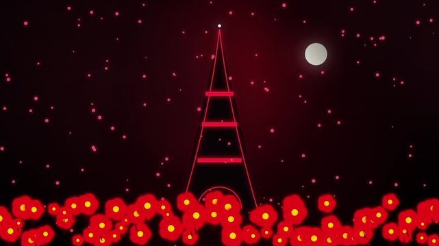 Glowing Eiffel Tower Illustration with Blooming Red Flowers and Sparkling Particles in Night Sky