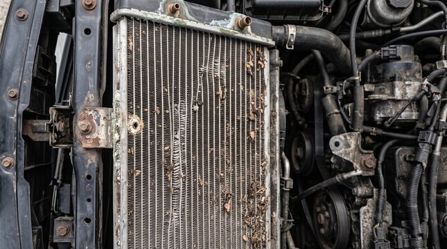 Damaged car radiator with corrosion and clogged debris. Worn engine cooling system components under a vehicle hood