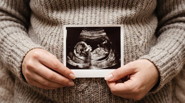 Close up of a pregnant woman holding a baby ultrasound photo in front of her belly.