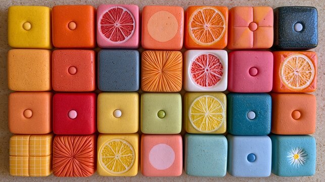 Colorful sugar cubes arranged in neat rows