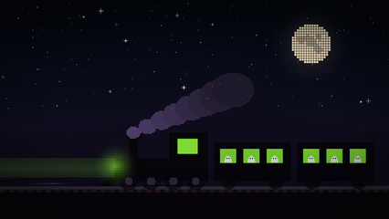 Ghost train steam locomotive with green headlight beam and glowing carriage windows full of ghosts crossing at night © abdulhamid