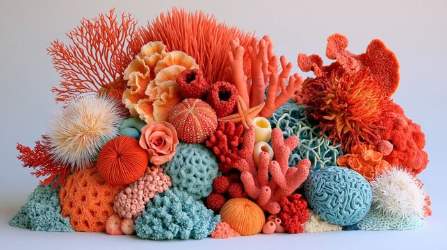 Vibrant coral sculptures in bold orange, teal, and peach tones