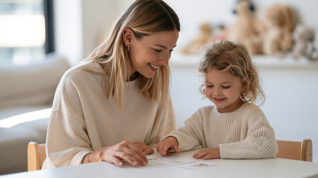 Speech therapist using picture cards during pediatric stuttering therapy session, child focused intently on communication exercise, small clinic room with child-height furniture,