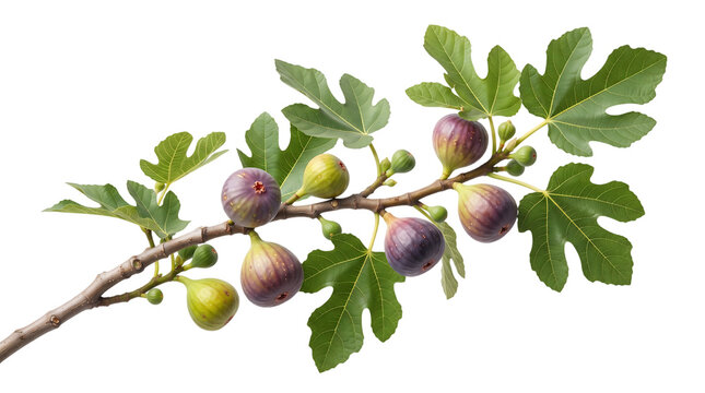 Fig branch with ripe purple and green figs surrounded by signature lobed leaves on transparent background for organic designs.