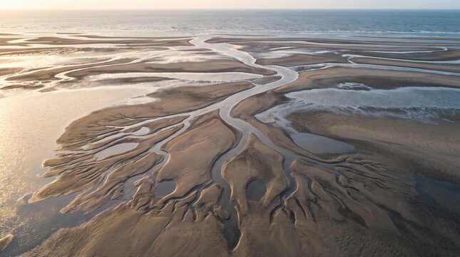 Aerial view of tidal sandflat patterns with winding water channels at low tide