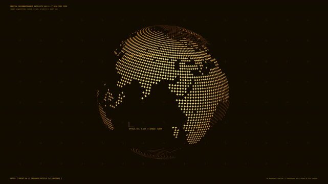 A rotating 3D digital earth globe rendered with tactical HUD elements on a dark background for futuristic technology presentations