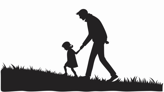Father and daughter walking silhouette vector, parent holding child hand in grass field, family bonding and togetherness concept illustration