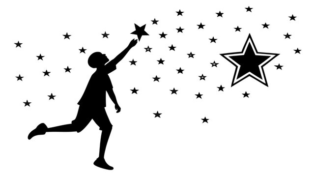Inspirational silhouette of a boy reaching for stars, young child catching a star in the night sky, motivational dream and ambition concept vector