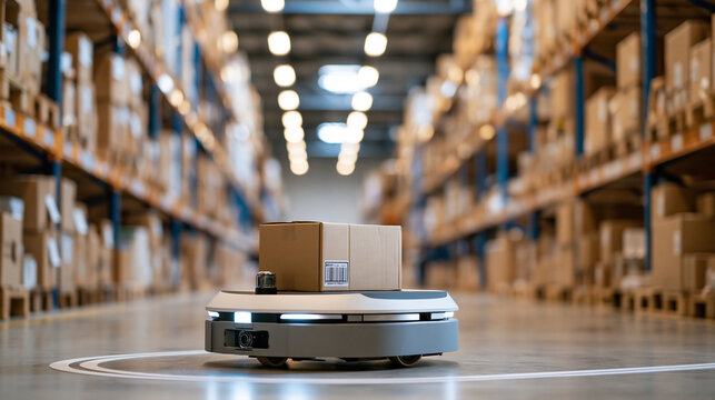 Autonomous warehouse robot turning at the end of an aisle among tall shelves of boxed inventory low gray platform carrying a compact carton load clearly visible front navigation sensor