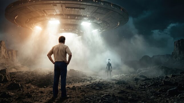 Man standing before a massive UFO and alien visitor at night