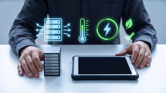 Green data center cooling and server energy management concept, technician with server rack model and rugged tablet with airflow, temperature, power and leaf checkmark for sustainable IT