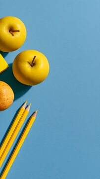 Bright yellow apples rest on blue surface