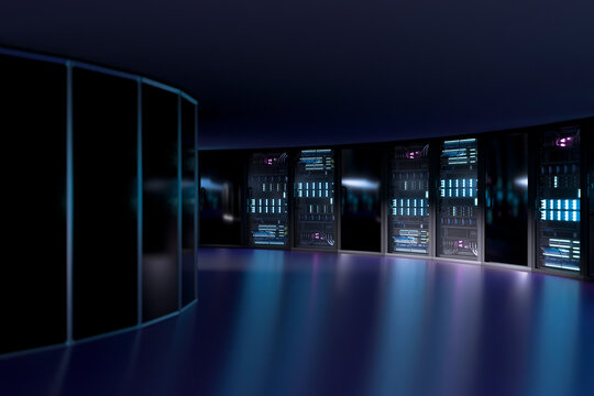 3D panoramic server room with curved rack wall and reflective floor
