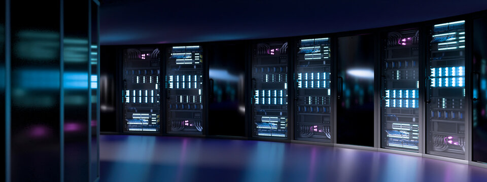3D curved server wall in futuristic data center with blue reflection