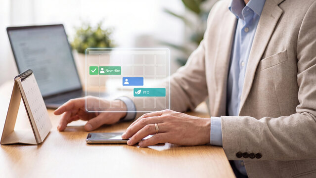 HR scheduling and employee leave planning concept, businessman using smartphone with virtual calendar showing new hire, staff shift and PTO beside laptop for workforce management