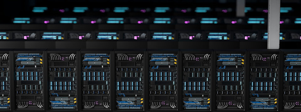 3D front server rack lineup with illuminated hardware and data connection