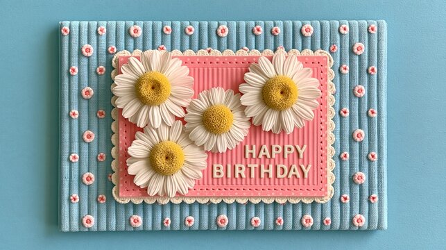 Bright daisies bloom atop a pink card