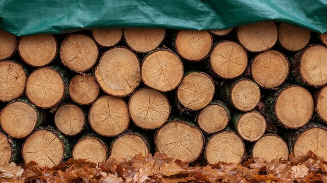 Stacked logs rest beneath a green tarp