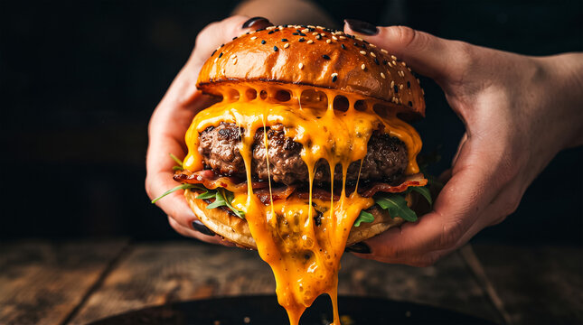 Hands holding a juicy beef burger with melted cheddar cheese dripping over a toasted sesame bun