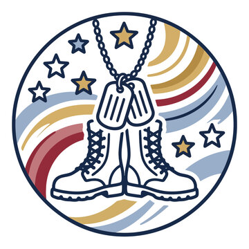 Patriotic illustration featuring military boots and dog tags with stars and stripes design.