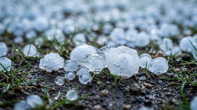 Transparent balls of ice and icy hailstones cover grass and soil on the ground after a storm.