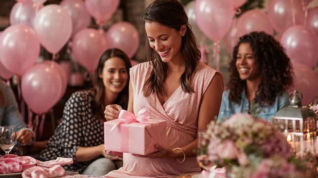 Pregnant woman opening pink gift at baby shower party with smiling friends. Smiling friends watching mother unwrap present among balloons. Baby shower celebration with family.