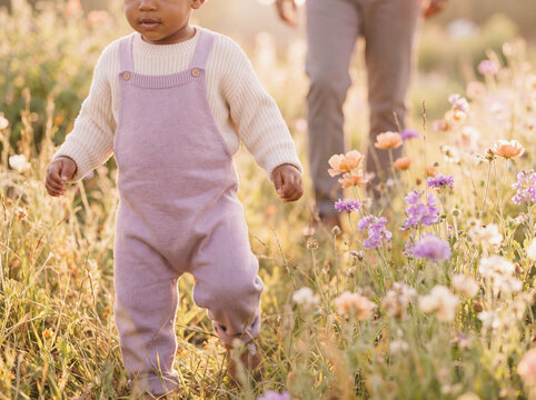 Toddler walking barefoot through wildflower field at golden hour with parent nearby