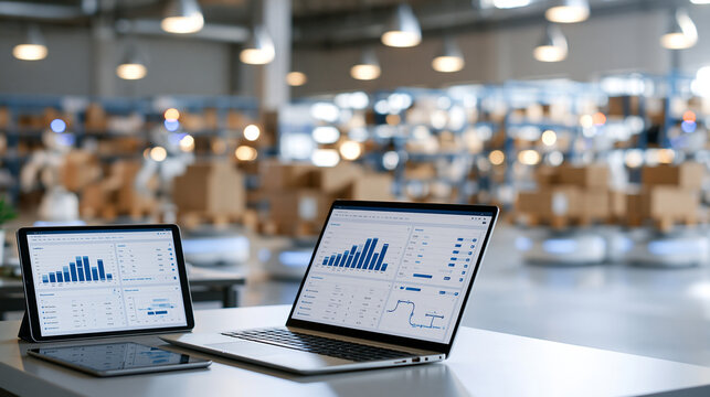 Open laptop and tablet on a clean warehouse monitoring desk screens displaying simple operational dashboards with inventory bars and robot route maps autonomous robots transporting boxes