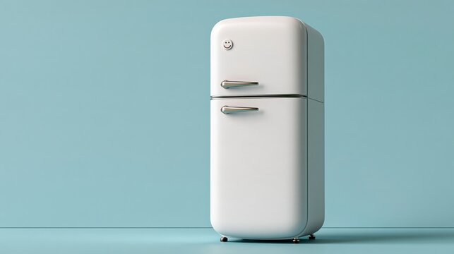 Home Appliances humorous photo: a white refrigerator on a kitchen wall with a magnet shaped like a tiny smile, soft pastel blue background.