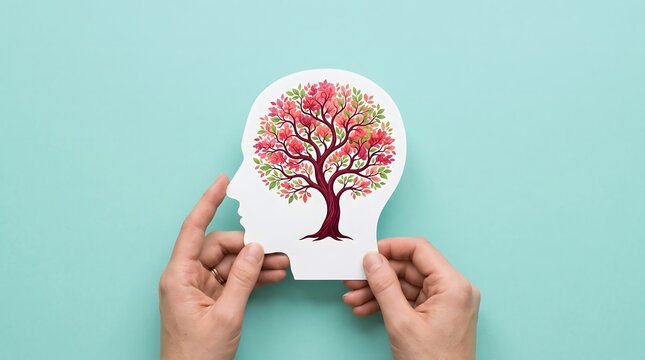 Hands holding paper head with tree representing mental health and world aids day