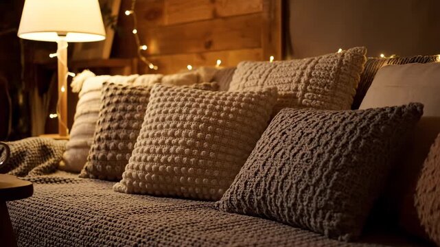 Cozy sofa with textured pillows and warm lighting creates a relaxing home atmosphere.