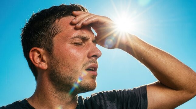 Under a bright sun and blue sky, a man feels heat and wipes sweat from his forehead.