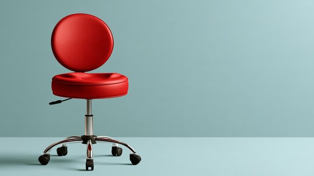 Office Furniture humorous photo: a red office chair with its seat slightly dented as if someone just got up, soft pastel blue background.