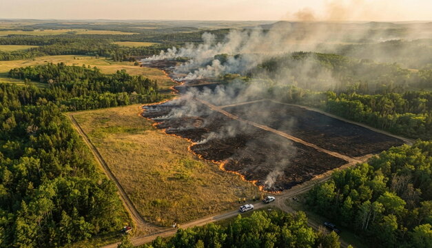 Aerial prescribed fire over prairie forest mosaic with firebreaks, smoke plumes, blackened ground, and green patches