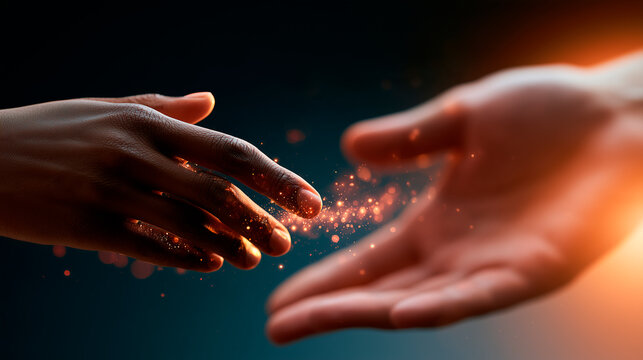 Two hands reaching toward each other with digital connection, representing human collaboration, technology partnership, and virtual support 