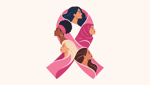 Breast cancer awareness pink ribbon symbol formed by diverse multicultural female profile portraits representing global unity