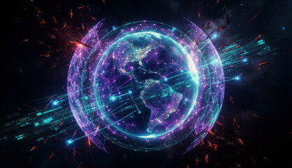 Fototapeta premium Digital globe with ai defense layers scanning malware shards, encrypted packets, and firewall shields