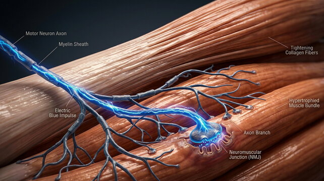 Motor unit cross section with nerve impulses, neuromuscular junctions, muscle bundles, and tightening collagen fibers