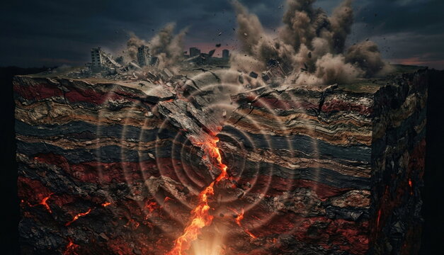 Subterranean earthquake fault rupture with grinding tectonic plates, shockwave ripples, shattered surface, dust plumes, and glowing mineral veins