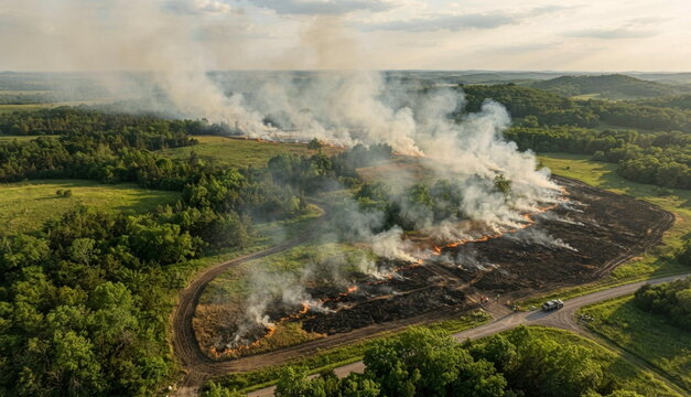 Aerial prescribed fire over prairie forest mosaic with firebreaks, smoke plumes, blackened ground, and green patches