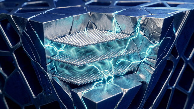 Exotic metal lattice cutaway with atomic layers, electron sea, grain boundaries, and cyan current filaments in strange metal conductivity research.
