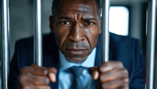 Businessman in suit gripping steel bars in a jail cell. Close-up of man behind prison bars. Corporate crime and imprisonment concept. White collar criminal justice and consequences.