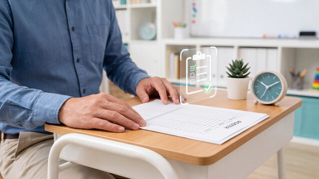 School attendance tracking and class roster concept, teacher checking student list on classroom table with alarm clock and virtual checklist clipboard for digital education management