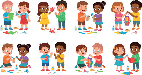 Fototapeta premium Children Crafting Paper Lanterns, Scissors, and Colorful Paper