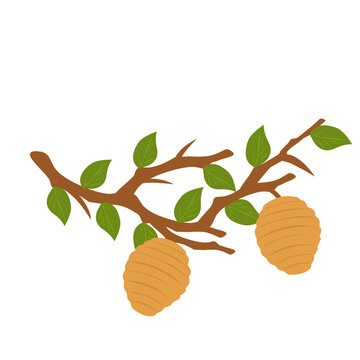 Beehive, stem, twig, bee, honey, wasp, wood, leaf, nature, illustration, hanging, vector, tree, livestock, cartoon, design, flat, color, wild, honeycomb, wasp, fly, sweet, element, brown, green, yello