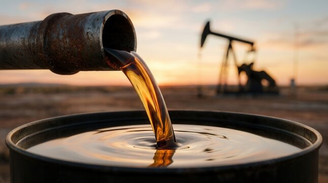 Energy industry production at dusk featuring golden crude oil pouring from a pipe into a metal drum.