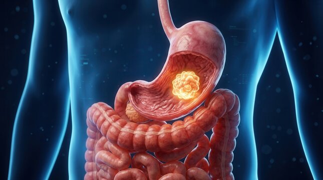 Human digestive tract illustration highlighting stomach cancer and internal organ malignant growth.