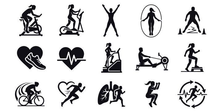 Cardio fitness, cycling, running, and cardiovascular exercise icons