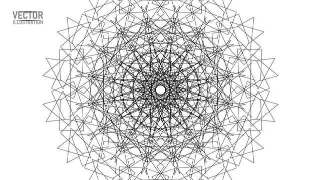Abstract grayscale geometric web lines pattern. Futuristic tech style vector art. Fashion clothing patches stickers print. Black background digital design.